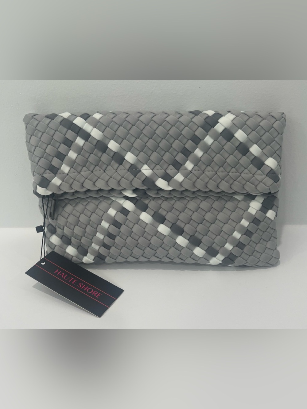HAUTE SHORE Val Aspen Gray and White Clutch Handbag, NWT